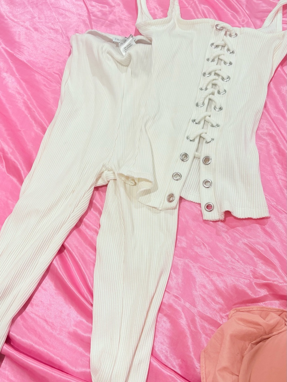 Fashion Nova Cream Ribbed Lace-Up Tank Top & Pants Set
